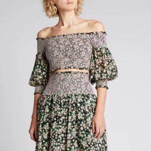 NWT Alice + Olivia Candra Smocked Off-Shoulder Crop Top